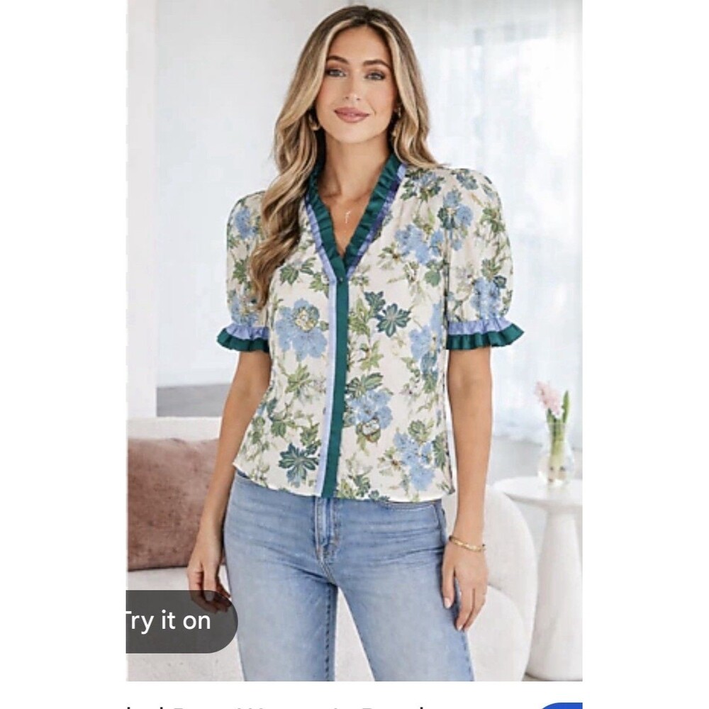 Entro Garden Party Puff Sleeve Floral Top Large Business Casual Career Teacher